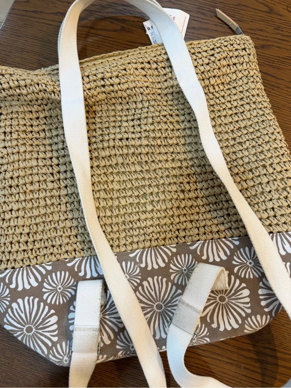 Woven Straw Tote Bag with White Straps and Patterned Brown Base